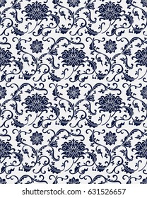 Seamless Blue Chinese Background botanic garden spiral cross leaf vine flower