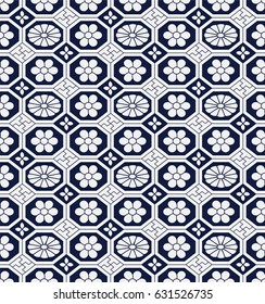 Seamless Blue Chinese Background retro octagon check cross frame flower