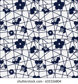 Seamless Blue Chinese Background retro plum blossom flower geometry cross line