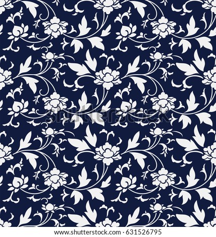 Seamless Blue Chinese Background Retro Botanic Stock Vector (Royalty