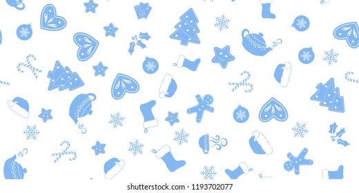 Seamless of blue christmas elements on white background. Vector illustration.