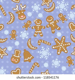 Seamless blue Christmas pattern with cute gingerbread men and other cookies. Vector illustration