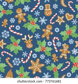 Seamless blue Christmas pattern with gingerbread cookies, snowflakes, holly leaves and candy canes. Vector illustration