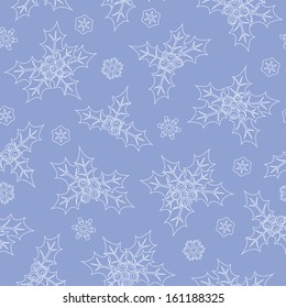 Seamless blue Christmas pattern with holly and snowflakes. Vector illustration