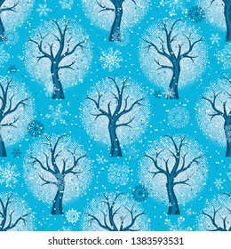 Seamless blue christmas pattern with stylized winter forest and snowfall. Vector image. Eps 8