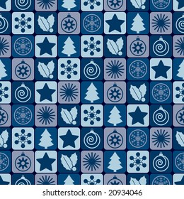 seamless blue christmas pattern with trees, baubles, snowflakes and holly