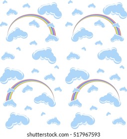 Seamless blue clouds and rainbow cartoon background on white, vector illustration