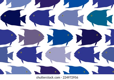 seamless blue colored vector pattern with school of fish on white background with clipping mask