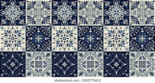 Seamless blue colorful patchwork in turkish style. Azulejos tiles patchwork. Portuguese and Spain decor. Islam, Arabic, Indian, ottoman motif. 