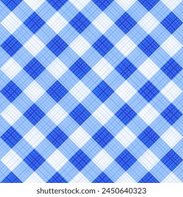 Seamless blue colors gingham fabric cloth, tablecloth, pattern, swatch, background, or wallpaper with fabric texture visible. Diagonal repeat pattern. Single tile here. Vichy checks.
