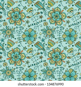 Seamless blue curly pattern with flowers and hearts. Endless floral texture. Template for design backgrounds, covers, package, fabric, wrapping paper