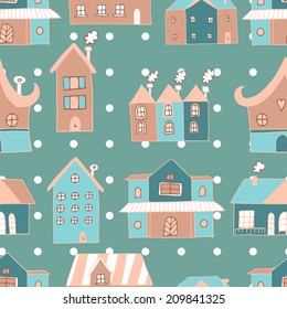 Seamless blue cute houses pattern