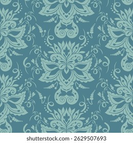 Padrão de Damasco Azul sem costura com Ornamento Floral para uso em têxteis, papéis de parede, papelaria e marca de luxo.