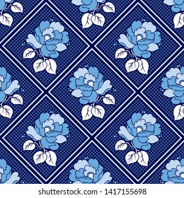 Seamless blue damask vector rose flower pattern