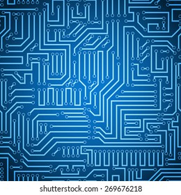 Vector de patrón electrónico de placa azul y azul oscuro. Ilustración vectorial de la placa de circuito. Fondo futurista. Sistema eléctrico. Tecnología de fondo transparente con patrones en muescas