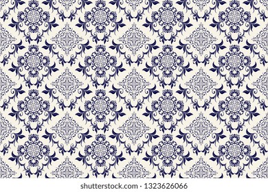 Seamless blue decorative pattern on background. Blue floral ornament on white background. Wallpaper pattern. Template for design of your interior