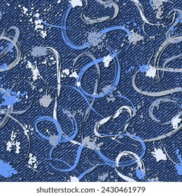 Seamless blue denim pattern with abstract wavy lines, paint brush strokes, blots, spattered paint. Random composition. Grunge style