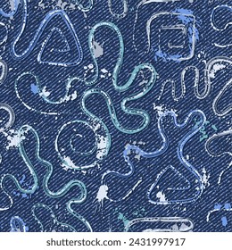 Seamless blue denim pattern with abstract wavy lines, swirls, twirls, paint brush strokes, blots, spattered paint. Random composition. Grunge style