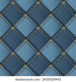 Seamless blue denim pattern with fabric patches, double stitching, rivets. Detailed checkered background.