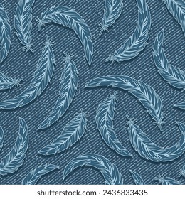 Seamless blue denim pattern with scattered feathers. Outline feathers on blue jeans textured fabric. Random monochrome composition.