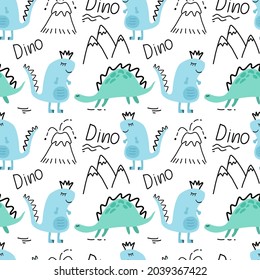 Seamless blue dinosaur pattern with Dino text. Volcano vector illustration on a white background. Children's animal costumes and wallpaper printing backdrop for textiles and fabrics