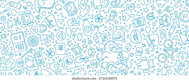 Padrão de doodle azul contínuo com ícones desenhados à mão bonito.