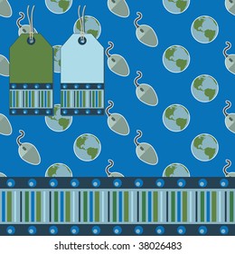 seamless blue earth pattern with tags and border