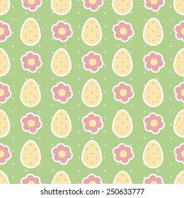 Seamless blue easter pattern with eggs and flowers