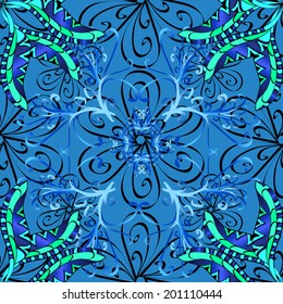 Seamless blue ethnic aztec snowflake and flowers illustration decorative background pattern in vector 