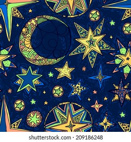 Seamless blue fantasy hand drawn starry pattern.