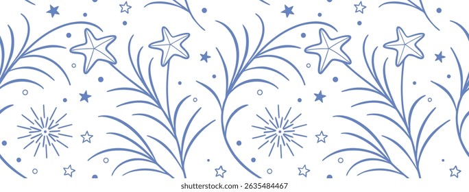 Seamless blue fireworks and starburst pattern on white background with festive, hand-drawn style. Ideal for celebration-themed projects, invitations, or digital designs. Whimsical and dynamic look.