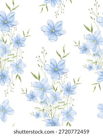Padrão de flor de linho azul sem costura, padrão floral sem costura com delicadas flores e folhas de linho azul.
Ilustração desenhada à mão com um estilo suave e natural.
Perfeito para tecido, design têxtil, papel de parede, papel de embrulho, papelaria e design de superfície.