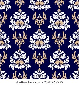 Seamless blue floral damask pattern. Classic seamless damask pattern. Vector illustration for luxury textile design