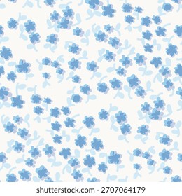 Seamless blue floral overprint pattern with cool stems on white. Calm sweet blossoms suited for gentle Valentine themes, romantic stationery, and soft modern decorative prints.