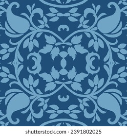 seamless blue floral paisley pattern, Symmetric paisleys with ornamental decorative elements. Pattern for fashion or interior, mirror effect.