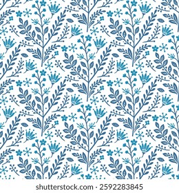 seamless blue floral pattern with bohemian inspired plant elements for fashion and textile
