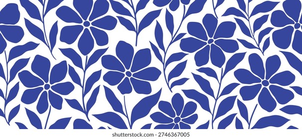 Seamless blue floral pattern with bold botanical shapes. Elegant repeating flowers and leaves create a fresh decorative background. Perfect for fabric, wallpaper, packaging, and modern surface design.