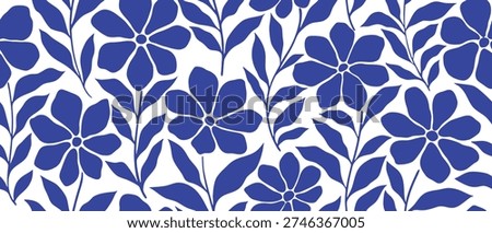 Seamless blue floral pattern with bold botanical shapes. Elegant repeating flowers and leaves create a fresh decorative background. Perfect for fabric, wallpaper, packaging, and modern surface design.