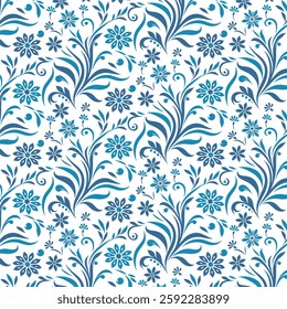 seamless blue floral pattern with circular antique inspired elements for textile and fashion
