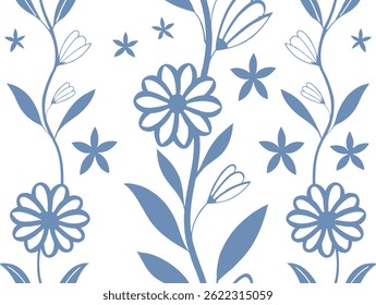 Seamless Blue Floral Pattern with Daisies and Leaves. Elegant Vintage Botanical Wallpaper Design. Hand-Drawn Nature-Inspired Vector Illustration on White Background.