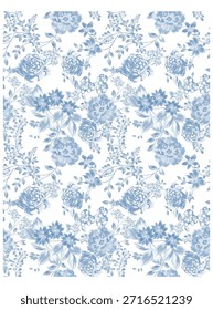 Nahtloses blaues Blumenmuster mit eleganten handgezeichneten Rosen, Blüten, Blättern und botanischen Zweigen.