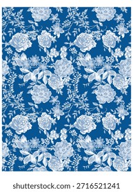 Patrón floral azul sin fisuras con elegantes rosas dibujadas a mano, flores, hojas y ramas botánicas.