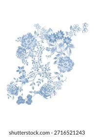Seamless blue floral pattern with elegant hand-drawn roses, blossoms, leaves, and botanical branches.