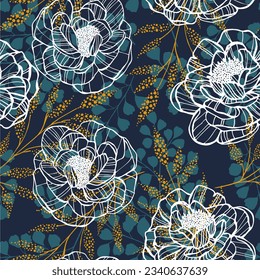 Seamless blue floral pattern with flowers. Design for fashion, fabric, textile, wallpaper, cover, web, wrapping and all prints 