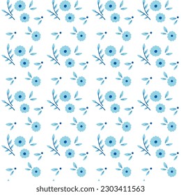 Nahtlose blaue Blumenmuster. Handgezeichnete naive Blüte. Vektor-trendige Textur für Gewebe, Textilien, Tapeten