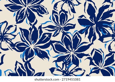 Nahtloses blaues Blumenmuster mit handgemalten Pinsel-Stil Blumen auf cremefarbenem Hintergrund für Tapete Textil-Oberfläche Design.