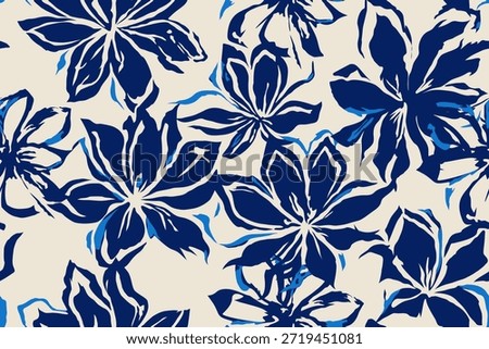 Seamless blue floral pattern with hand painted brush style flowers on cream background for wallpaper textile fabric surface design.
