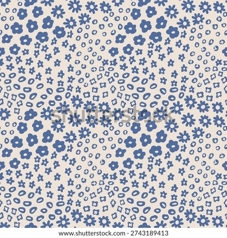 Seamless blue floral pattern. Hand drawn abstract flowers and dots. Cute minimal design for textile and wallpaper.