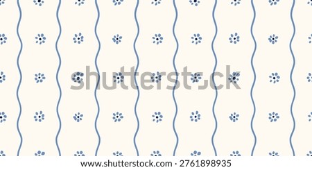 Seamless blue floral pattern with hand drawn wavy lines and small flowers on cream background. Grandmillennial floral texture. Retro-inspired background.