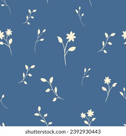 Seamless blue floral pattern with leaves and pastel bouqets